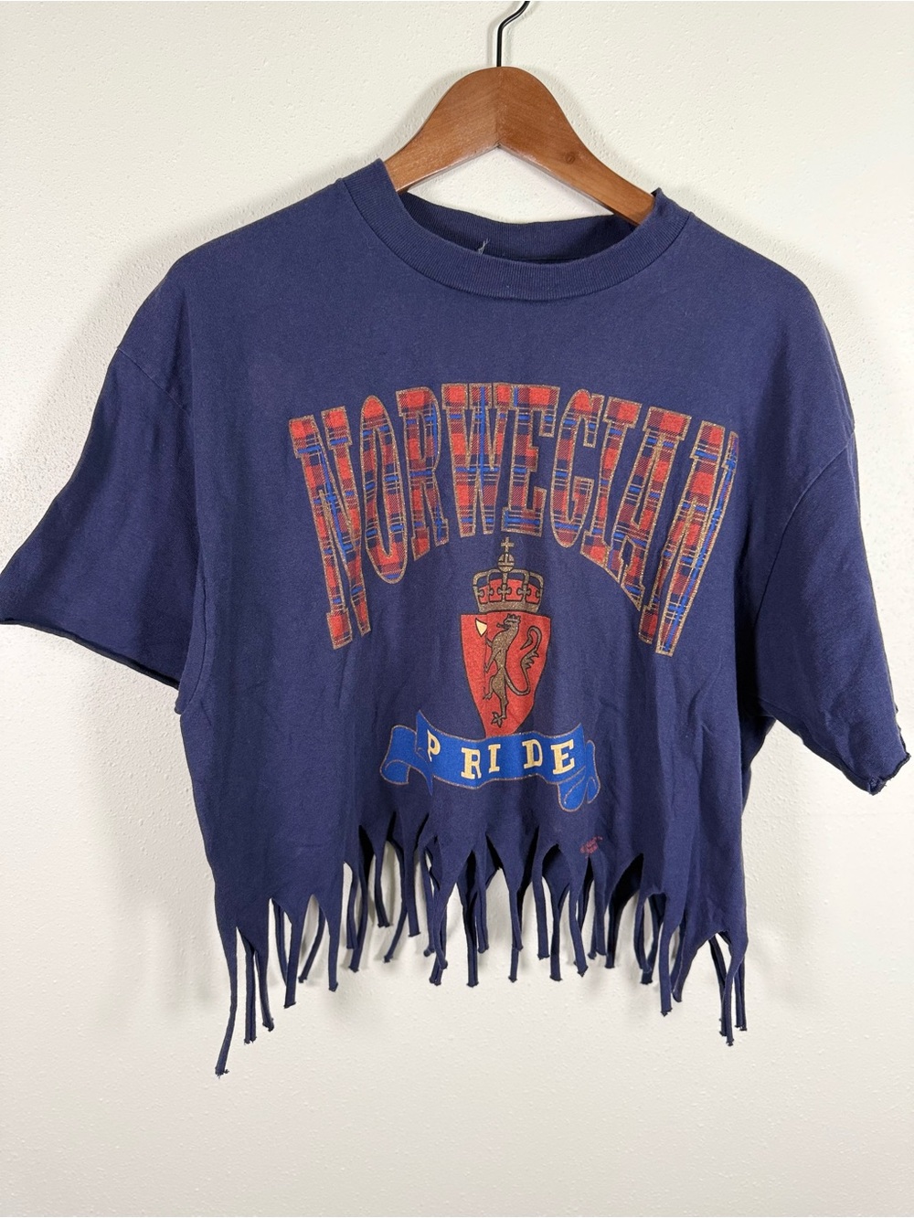 Vintage 90s Norway Pride Graphic T Shirt XL Made USA Fringe Crop Tee